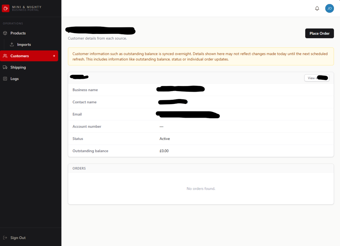 Customer view on the business portal